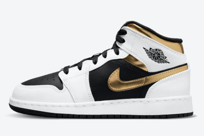 Grade School Air Jordan 1 Mid GS White Black Metallic Gold 554725-190