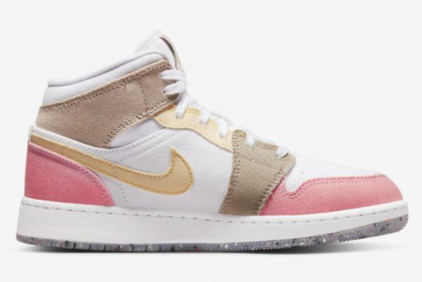 New Air Jordan 1 Mid GS Canvas Pink/Tan/Soft Yellow/Lime Green/White DJ0338-100-1