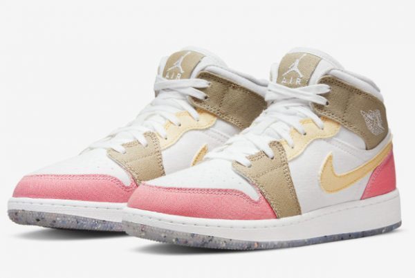 New Air Jordan 1 Mid GS Canvas Pink/Tan/Soft Yellow/Lime Green/White DJ0338-100-2