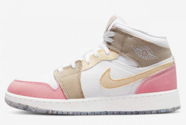 New Air Jordan 1 Mid GS Canvas Pink/Tan/Soft Yellow/Lime Green/White DJ0338-100