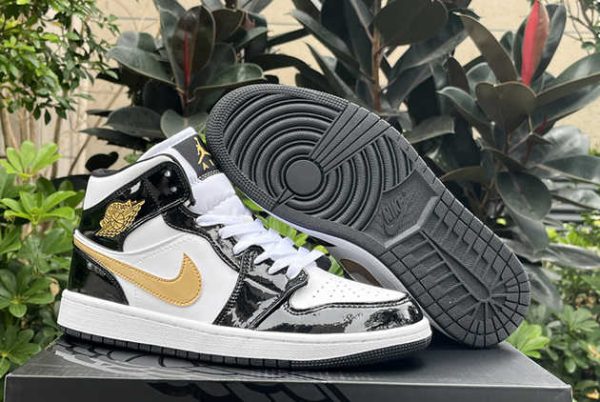 Where to Buy The 852542-007 Air Jordan 1 Mid Patent Black White Gold 2024 Basketball Shoes